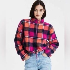 American Eagle Plaid Crop Teddy Sherpa Fleece Jacket